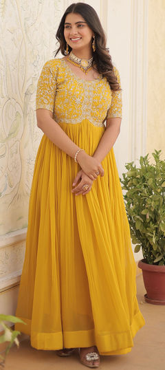 Festive, Mehendi Sangeet, Reception Yellow color Gown in Georgette fabric with Embroidered, Sequence, Zari work : 1946008