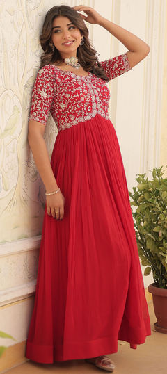 Festive, Mehendi Sangeet, Reception Red and Maroon color Gown in Georgette fabric with Embroidered, Sequence, Zari work : 1946010