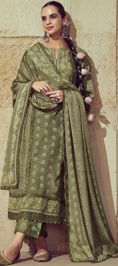 Green color Salwar Kameez in Muslin fabric with Border, Digital Print work