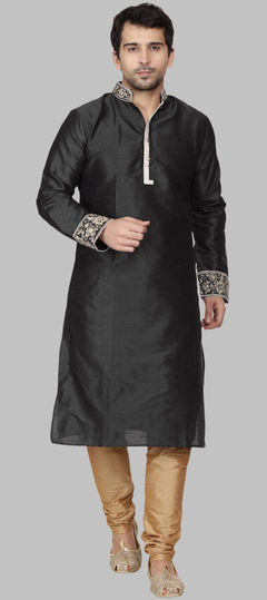 Black and Grey color Kurta Pyjamas in Dupion Silk fabric with Embroidered work