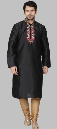 Black and Grey color Kurta Pyjamas in Dupion Silk fabric with Embroidered work