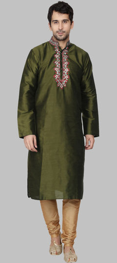 Green color Kurta Pyjamas in Dupion Silk fabric with Embroidered work