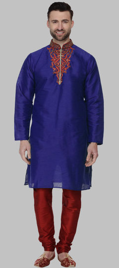 Blue color Kurta Pyjamas in Dupion Silk fabric with Embroidered work