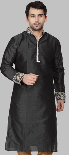 Black and Grey color Kurta in Dupion Silk fabric with Embroidered work