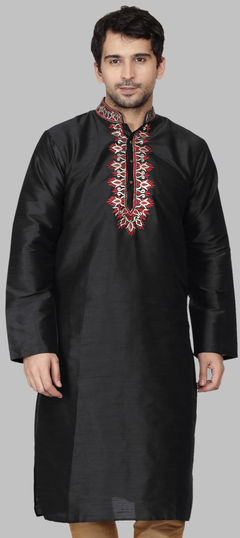 Black and Grey color Kurta in Dupion Silk fabric with Embroidered work