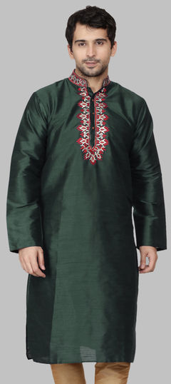 Green color Kurta in Dupion Silk fabric with Embroidered work