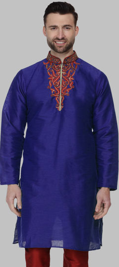 Blue color Kurta in Dupion Silk fabric with Embroidered work