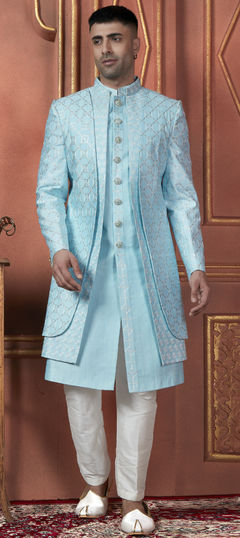 Blue color IndoWestern Dress in Art Silk fabric with Embroidered, Sequence, Thread work