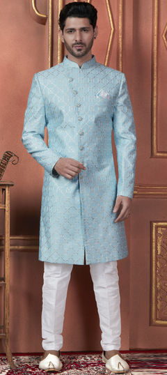 Blue color Sherwani in Art Silk fabric with Embroidered, Sequence, Thread work