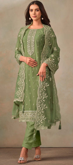 Green color Salwar Kameez in Organza Silk fabric with Embroidered, Thread work