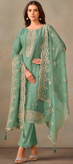 Green color Salwar Kameez in Organza Silk fabric with Embroidered, Thread work