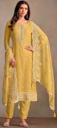 Yellow color Salwar Kameez in Organza Silk fabric with Embroidered, Thread work