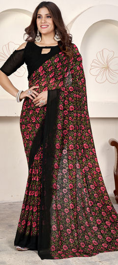 Black and Grey color Saree in Faux Georgette fabric with Floral, Printed work