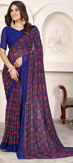 Blue color Saree in Faux Georgette fabric with Floral, Printed work