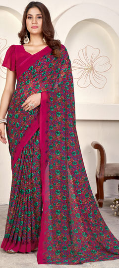 Red and Maroon color Saree in Faux Georgette fabric with Floral, Printed work