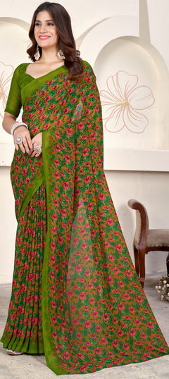 Green color Saree in Faux Georgette fabric with Floral, Printed work