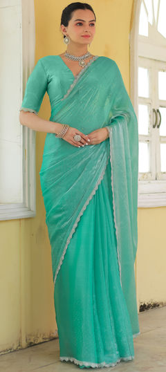 Green color Saree in Art Silk fabric with Lace, Stone, Zircon work