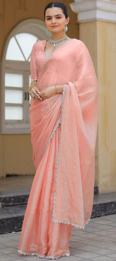 Orange color Saree in Art Silk fabric with Lace, Stone, Zircon work