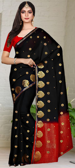 Black and Grey color Saree in Satin Silk fabric with Weaving, Zari work