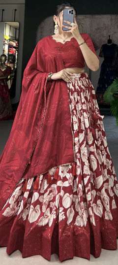 Festive, Reception Red and Maroon color Lehenga in Tussar Silk fabric with Flared Floral, Lace work : 1946331