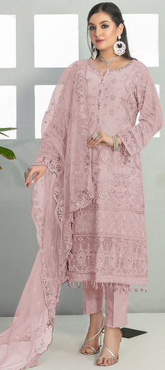 Pink and Majenta color Salwar Kameez in Faux Georgette fabric with Embroidered, Resham, Thread work