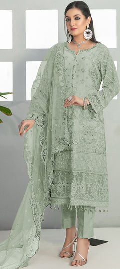 Green color Salwar Kameez in Faux Georgette fabric with Embroidered, Resham, Thread work