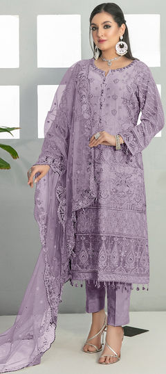 Purple and Violet color Salwar Kameez in Faux Georgette fabric with Embroidered, Resham, Thread work