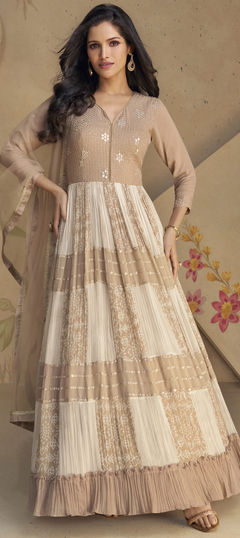 Beige and Brown color Gown in Georgette fabric with Embroidered, Thread work