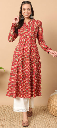 Summer Red and Maroon color Kurti in Cotton fabric with A Line, Long Sleeve Printed work : 1946440