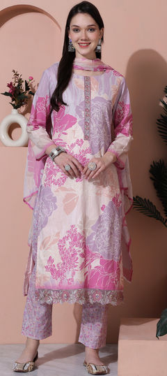 Multicolor color Salwar Kameez in Cotton fabric with Digital Print, Embroidered, Floral work