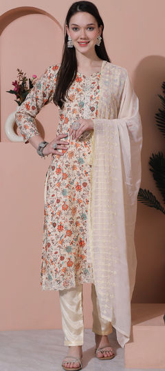 Beige and Brown color Salwar Kameez in Cotton fabric with Digital Print, Floral work