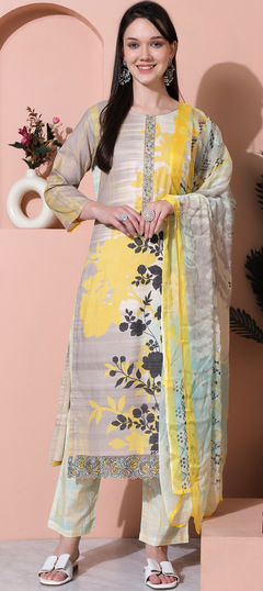 Multicolor color Salwar Kameez in Cotton fabric with Digital Print, Embroidered, Floral work