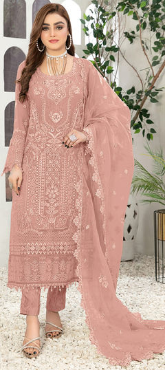 Pink and Majenta color Salwar Kameez in Faux Georgette fabric with Embroidered, Resham, Thread work