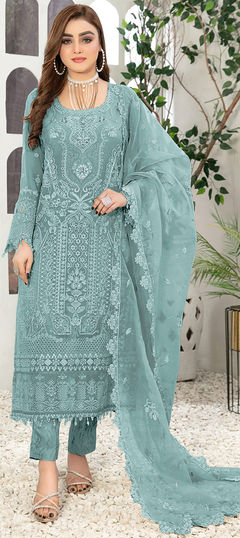 Blue color Salwar Kameez in Faux Georgette fabric with Embroidered, Resham, Thread work