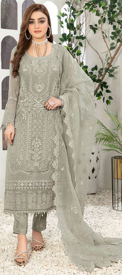 Beige and Brown color Salwar Kameez in Faux Georgette fabric with Embroidered, Resham, Thread work