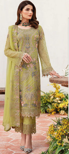 Green color Salwar Kameez in Faux Georgette fabric with Embroidered, Thread work