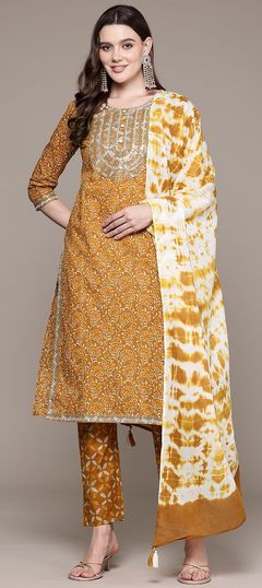 Festive, Party Wear, Summer Beige and Brown color Salwar Kameez in Cotton fabric with Straight Printed, Sequence, Thread, Zari work : 1946521