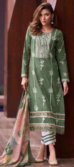 Green color Salwar Kameez in Cotton fabric with Digital Print, Lace work