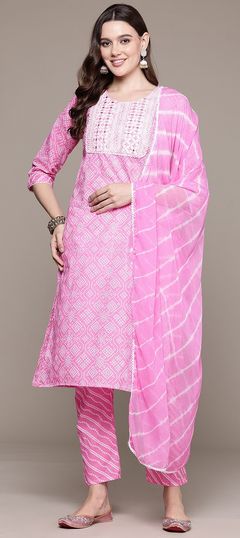 Festive, Party Wear, Summer Pink and Majenta color Salwar Kameez in Cotton fabric with Straight Bandhej, Embroidered, Printed, Resham, Thread work : 1946537