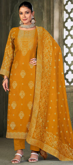 Festive, Reception Yellow color Salwar Kameez in Viscose fabric with Pakistani, Straight Weaving work : 1946570