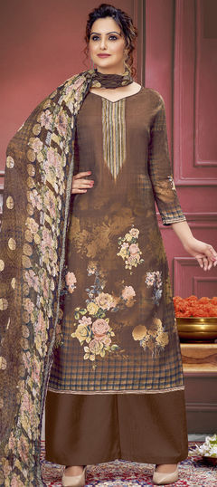 Beige and Brown color Salwar Kameez in Muslin fabric with Digital Print, Stone, Swarovski work