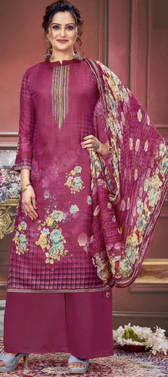 Pink and Majenta color Salwar Kameez in Muslin fabric with Digital Print, Stone, Swarovski work