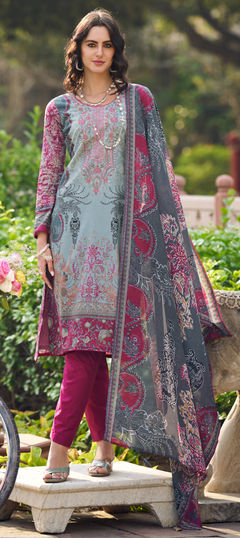 Festive, Party Wear Black and Grey color Salwar Kameez in Cotton fabric with Straight Digital Print, Embroidered work : 1946598