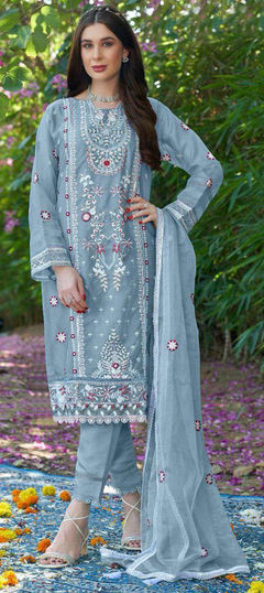 Black and Grey color Salwar Kameez in Organza Silk fabric with Embroidered, Sequence work