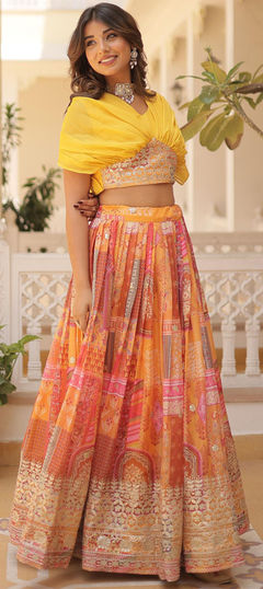 Yellow color Ready to Wear Lehenga in Silk fabric with Weaving work