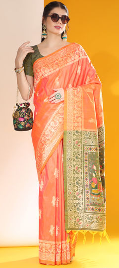 Orange color Saree in Raw Silk fabric with Weaving work