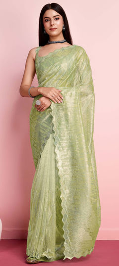 Festive, Reception Green color Saree in Net fabric with Classic Embroidered, Sequence work : 1946905