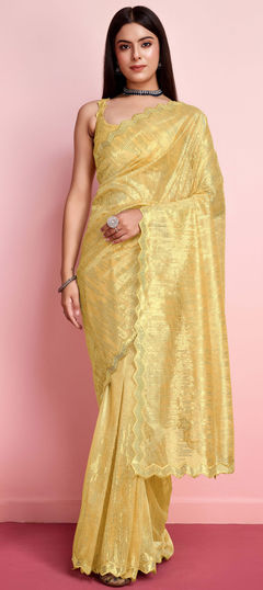 Yellow color Saree in Net fabric with Embroidered, Sequence work