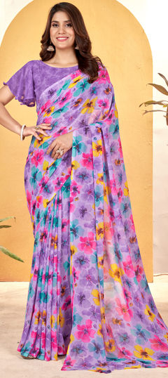 Purple and Violet color Saree in Faux Georgette fabric with Floral, Printed work