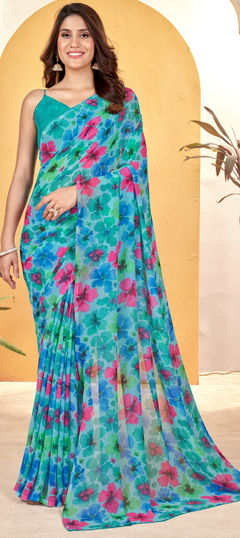 Green color Saree in Faux Georgette fabric with Floral, Printed work